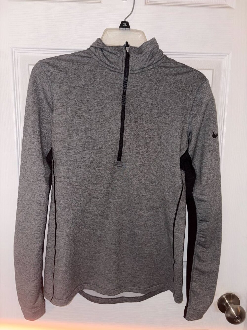 Nike Pro Hyperwarm half-zip long sleeve workout shirt in grey with black side pa